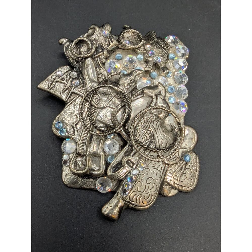 Vintage Cowgirl Western Horse Saddle Silver Tone AB Rhinestone Brooch Signed